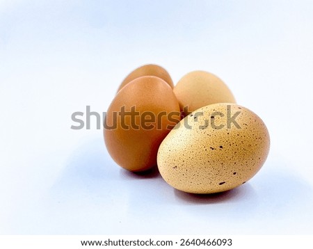 the laying egg has different pattern of three brown chicken egg on white background