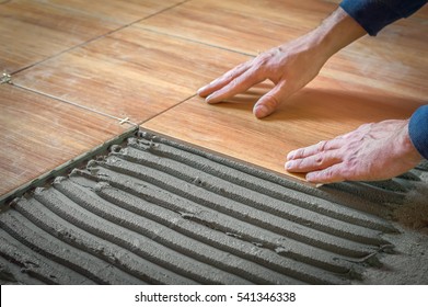 Laying Floor Tiles On The Building Adhesive