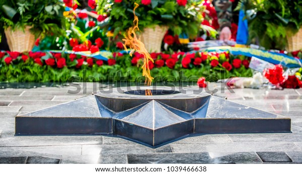 Laying Flowers Monument Eternal Fire Honor Stock Photo 1039466638 ...