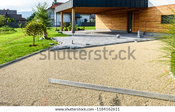 Laying Gray Concrete Paving Slabs House Stock Photo Edit Now