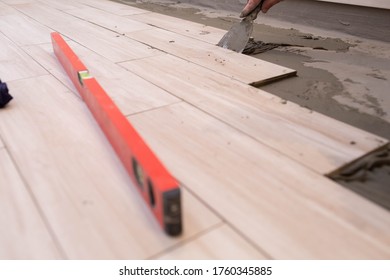 Laying Terracotta In The Bathroom. Builder During Work. Adhesive For Ceramic Tiles.