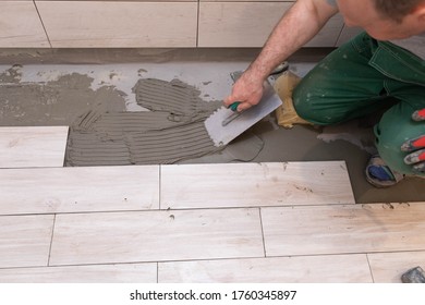 Laying Terracotta In The Bathroom. Builder During Work. Adhesive For Ceramic Tiles.