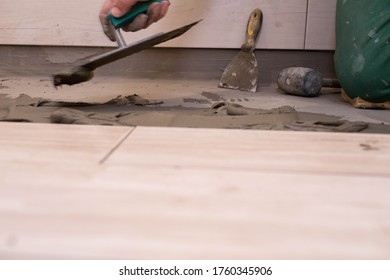 Laying Terracotta In The Bathroom. Builder During Work. Adhesive For Ceramic Tiles.