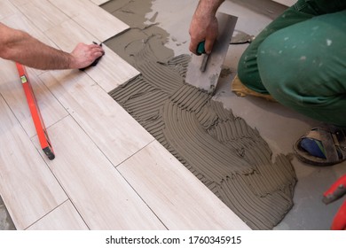 Laying Terracotta In The Bathroom. Builder During Work. Adhesive For Ceramic Tiles.