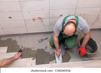 Laying Terracotta In The Bathroom. Builder During Work. Adhesive For Ceramic Tiles.