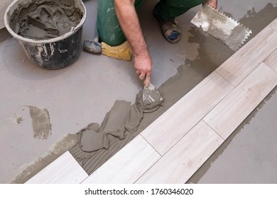 Laying Terracotta In The Bathroom. Builder During Work. Adhesive For Ceramic Tiles.