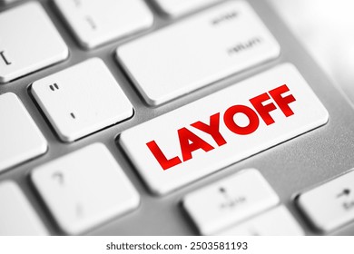Layoff is the temporary suspension or permanent termination of employment of an employee, text concept button on keyboard