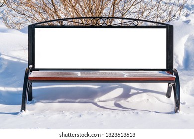 The Layout Of The City Poster In Winter In The Snow, Blank White Billboard On The Bench, Blank Placeholder Street Information Mockup With A Copy Of The Space For The Logo