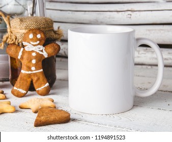 Layout for design of mug, white mug and gingerbread man