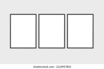 The layout of the frame is 3x4, 30x40. Set of three thin black frames. Gallery wall mockup, set of 3 frames. Clean, modern, minimalistic, bright. Portrait. Vertical.