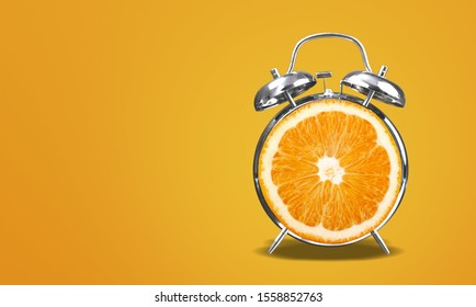 Layout fresh orange slice alarm. Fitness concept