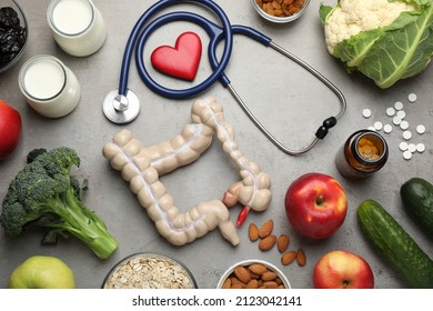 Layout Of Intestine Model And Products To Help Digestion On Grey Table, Top View