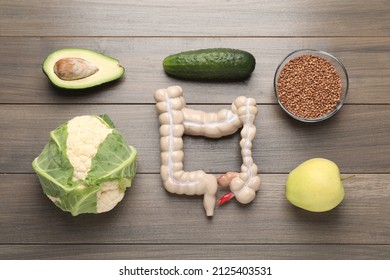 Layout Of Intestine Model And Products To Help Digestion On Wooden Table, Top View