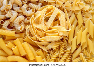 layout of Italian raw pasta, top view, different types and shapes of pasta, durum wheat noodles, close-up - Shutterstock ID 1757452505