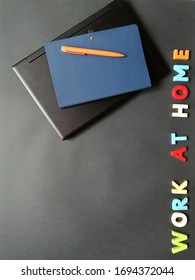 layout of a laptop, notebook on the surface for remote work