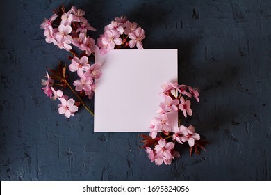 Layout Made Of Spring Fruit Flowers And White Paper Card Note Frame. Mockup, Flat Lay. Spring Flower Background