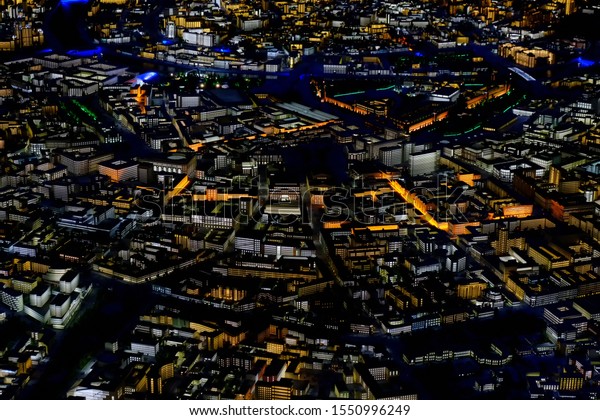 The layout of Moscow, view from above.\
Night lights of the streets of the city center, the capital of the\
Russian Federation. Moscow, Russia, 07 31\
2019