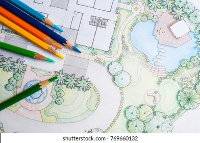 layout plan home landscape design garden design drawing by color pencil white paper   group color pencils 