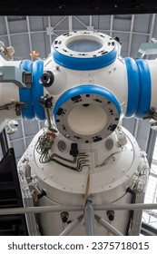 The layout of the space docking modules is white. Space, near-Earth spaceships, technology, science.