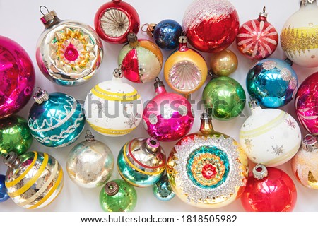 layout of vintage christmas baubles on a plain white background