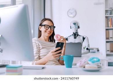 Lazy happy office worker eating donuts and efficient android robot working with a laptop - Powered by Shutterstock