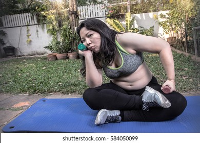 Lazy Obese Woman Tired Exercise Bored Face Hand Holding Dumbbell Give Up Workout Concept