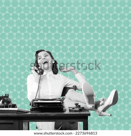Lazy rude vintage style secretary with feet up on office desk, she is gossiping on the phone