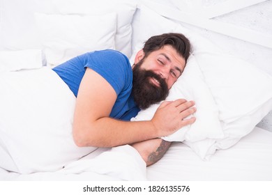  Lazy Sunday. Bed Time Routine. Smiling Male Spending Time In Room. Relax Lifestyle. Happy Bearded Man In Bed. Wake Up At Morning.