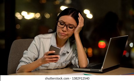 Lazy Woman Using Cell Phone At Workplace, Avoiding Boring Job, Distraction