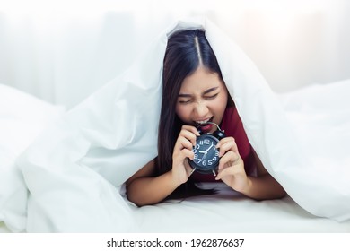 Lazy Worker Woman Get Frustrated Of Alarm Clock Asian Girl Wake Up Late In Monday Morning And She Get Angry When She Wake Up So Late Female Will Go To Work Running Late She Biting Alarm Clock At Bed