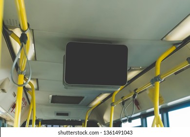 LCD Screen Announcement On Public Transportation. Black TV Without Information Inside The Bus. Video Advertising In Public Transport. Mock Up Electronic Media Board