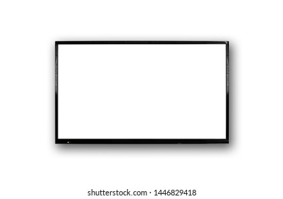 LCD TV With Thin Black Frame Hanging On White Wall. Blank White Screen. Isolated On White Background.