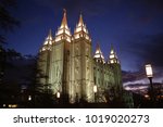 LDS Temple at Salt Lake City, Utah illuminated at dusk