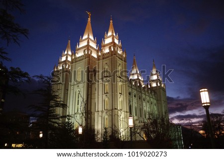 LDS Temple at Salt Lake City, Utah illuminated at dusk