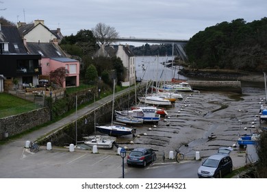Le Bono, France - January 9th 2022: the small harbor of le Bono in winter at low tide.