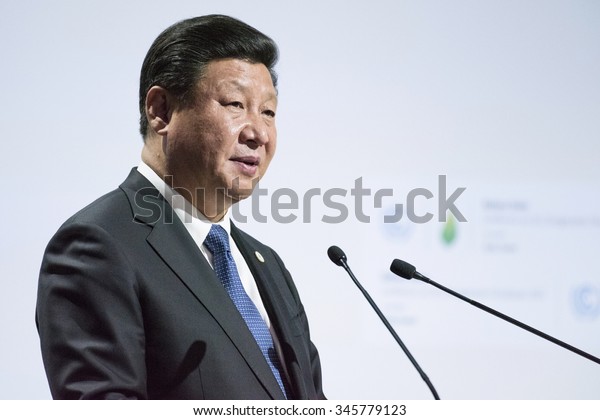 LE BOURGET near PARIS, FRANCE - NOVEMBER 30, 2015\
: Xi Jinping, President of the People\'s Republic of China\
delivering his speech at the Paris COP21, United nations conference\
on climate change.