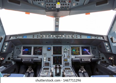 LE BOURGET PARIS - JUN 20, 2019: Cockpit View Of The Airbus A330neo Passenger Plane On Display At The Paris Air Show.