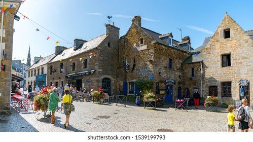 Le Conquet, Finistere / France - 22. August, 2019: View Of The Busy Town Square In La Conquet With Many Tourists Visiting