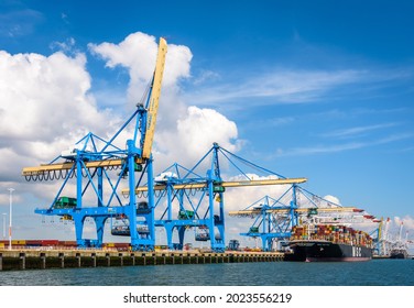 Le Havre, France - June 8, 2021: General view of Port 2000 container terminal equipped with super post-panamax container gantry cranes to receive the largest container ships like MSC Bettina docked. - Shutterstock ID 2023556219
