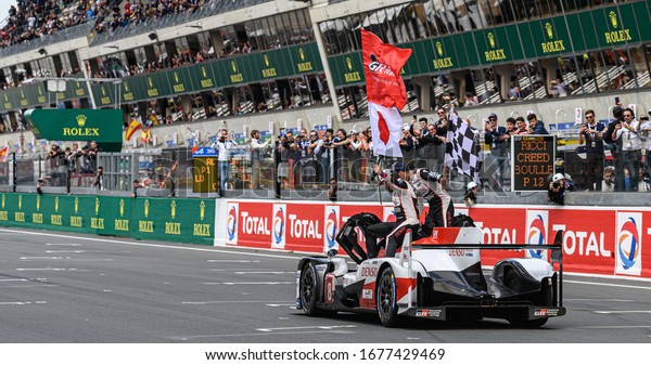Le Mans / France - June 15-16 2019: 24 hours of
Le Mans, lap for the winner Toyota TS050 Hybrid, Gazoo Racing Team,
24 hours of Le Mans - France