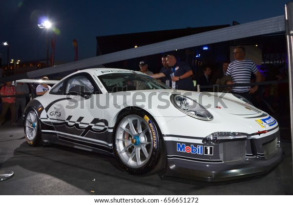 LE\
MANS,FRANCE- JUNE 12, 2014 :Porsche 911 GT3 Cup at the 2014 Auto\
presentation at a 24 hours in Le mans, France\
Circuit