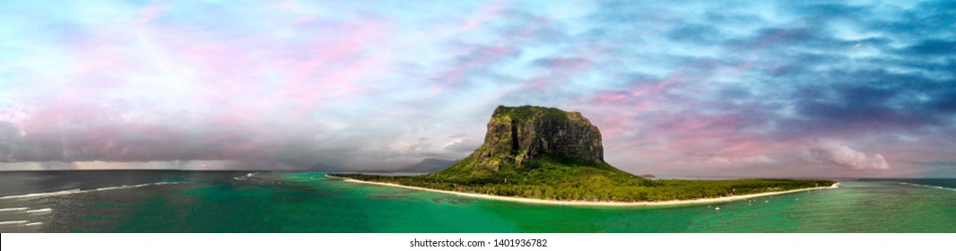 Le Morne Brabant in Mauritius. Aerial panoramic view of beautiful beach and coastline