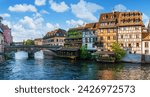 Le Petite France, the most picturesque district of old Strasbourg. Houses with reflection in waters of the Ill channels.