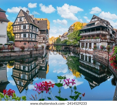 Le Petite France, the most picturesque district of old Strasbourg. Half-timbered houses with reflection in waters of the Ill channels.