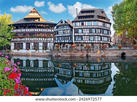 Le Petite France, the most picturesque district of old Strasbourg. Half-timbered houses with reflection in waters of the Ill channels.