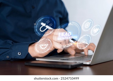 Lead Generation concept. Businessman using laptop with lead generation icon on virtual screen. Finding and identifying customers for business products or services. Finding and identifying customers.