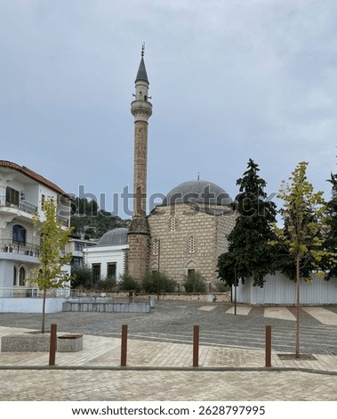 The Lead Mosque (Xhamia e Plumbit),  also known as the Izgurli Mosque, a 16th-century historical mosque located in Berat, also called the City of a Thousand Windows.
Berat, Albania - August 21st 2024.