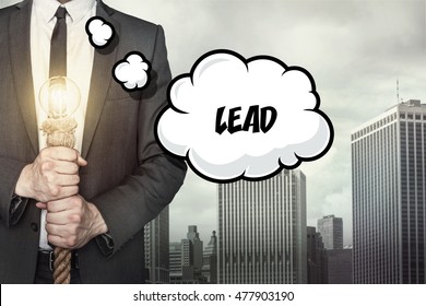 Lead text on speech bubble with businessman