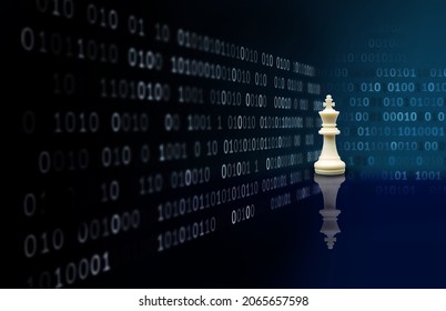 Leader With Brain And Ideas Can Make An Impact And Different On The Digital World Concept, White Chess King With Blur Graphic Binary Data Computer Number Network On Blue Dark Background