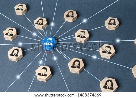 The leader is connected with employees by a wide network of lines. At the center of a complex large system. Communication social. Cooperation, collaboration. Project leadership personnel management